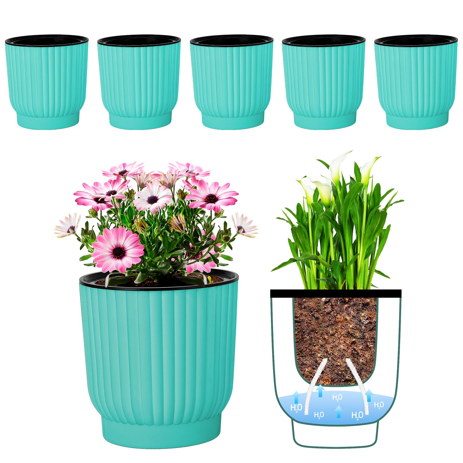 VIVOSUN 6-Pack Self-Watering Plastic Pots for Indoor Plants - Diameter  3.6”,Height 4.5”,Drainage Deep Height 1.3”-Green