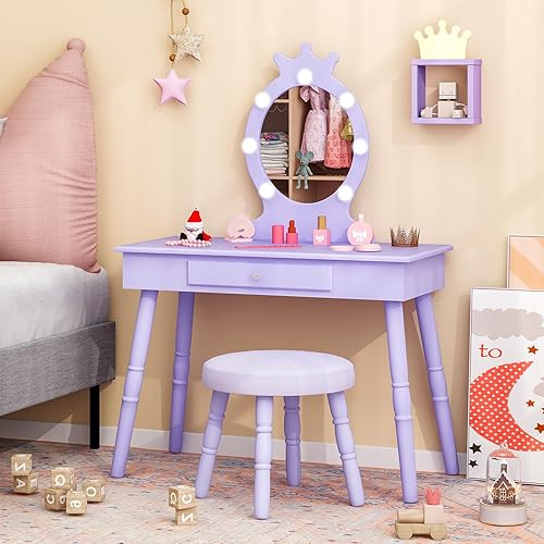Miniatura 17 de Costzon Juego de tocador para niños, mesa de maquillaje de princesa de madera con taburete acolchado, cajón grande, patas de madera maciza y espejo