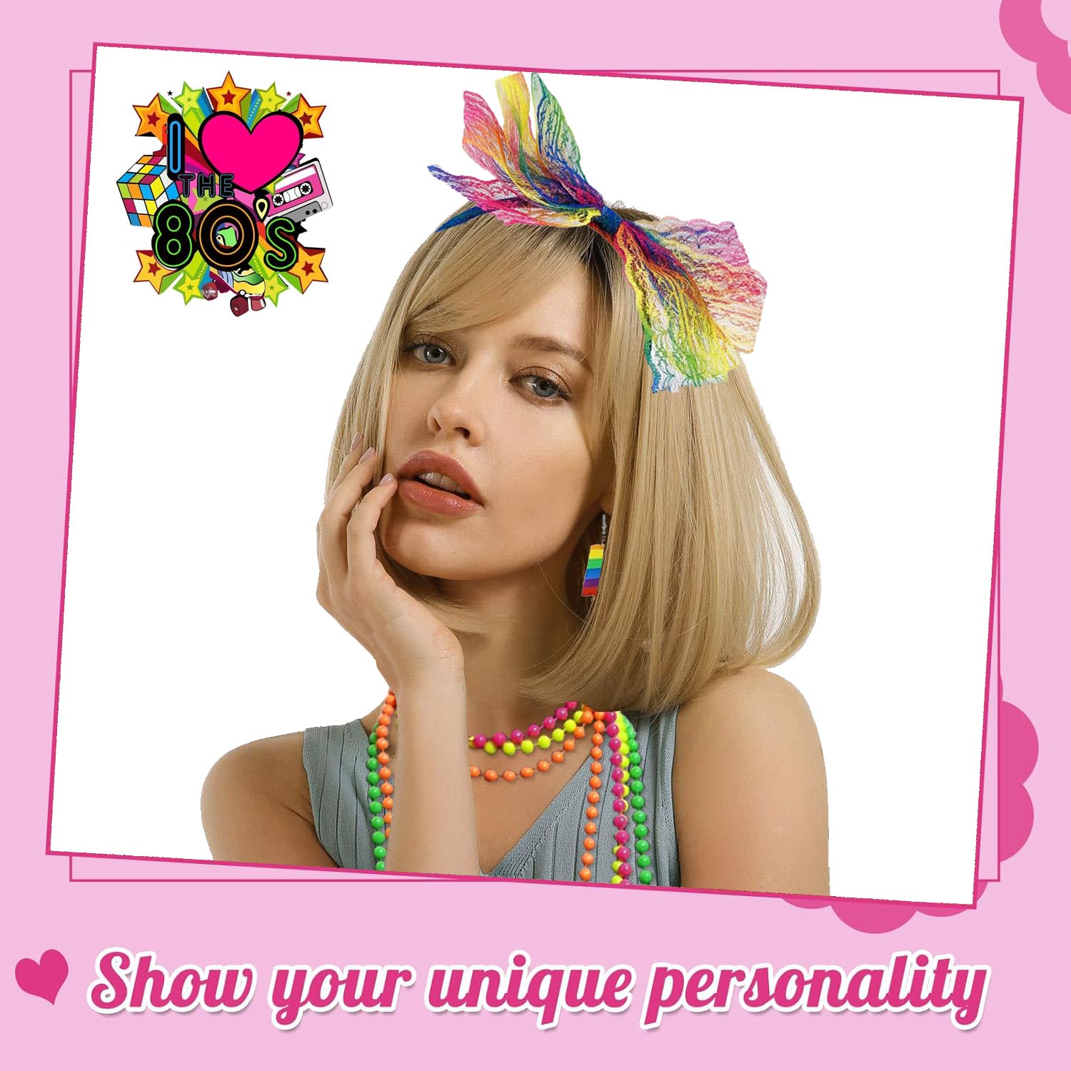Ronilp 80s Fancy Dress for Women Rainbow 1980s Accessories for Women Costume Accessories Set including Leg Warmer Necklace Bracelet Bow Headband Fishnet Gloves Earrings Hollow Glasses - Image 3