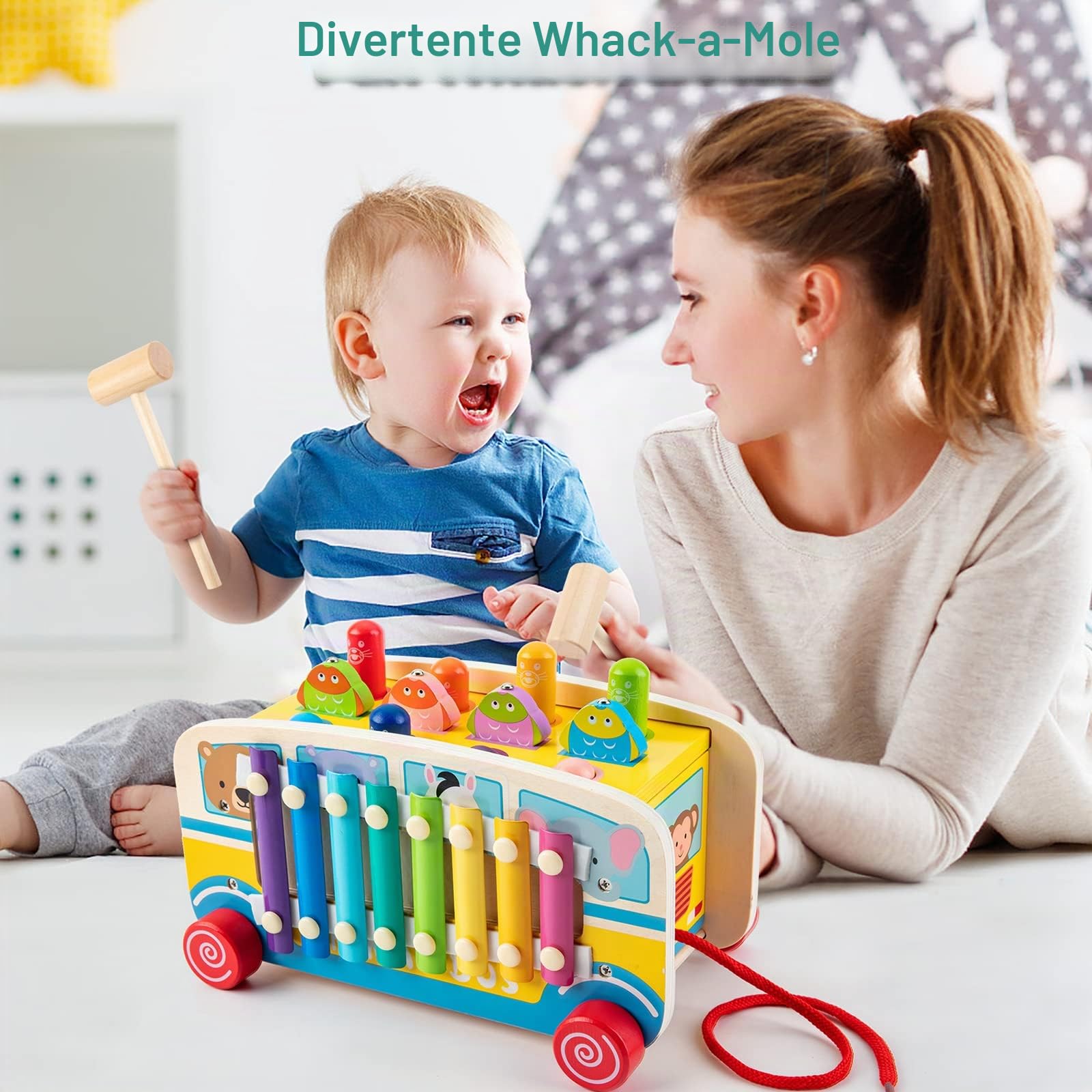 Sundaymot Giochi Montessori 3 Anni, Gioco per Bambini 4 in 1 con Xilofono, Pesca, Whack-a-Mole, Regalo Bambino 3 4 5 6 Anni per Natale, Festa dei Bambini, Compleanno