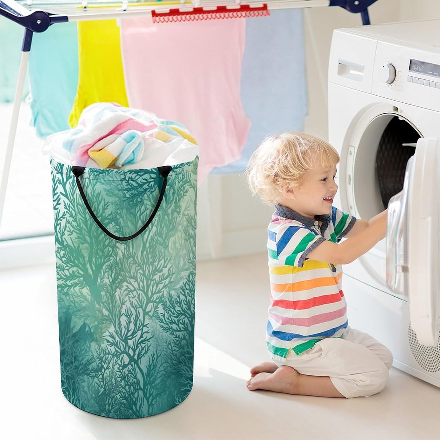 Green Sea Blue Seaweed Laundry Hamper with Handles Waterproof Collapsible Laundry Basket Large Lightweight Round Dirty Clothes Hamper for Home Dorm Bathroom Decor