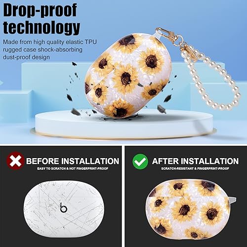 Miniatura 3 de Diseño de carcasa de mármol con purpurina para Beats Studio Buds con cadena de muñeca de perla, llavero con cubierta protectora de piel brillante