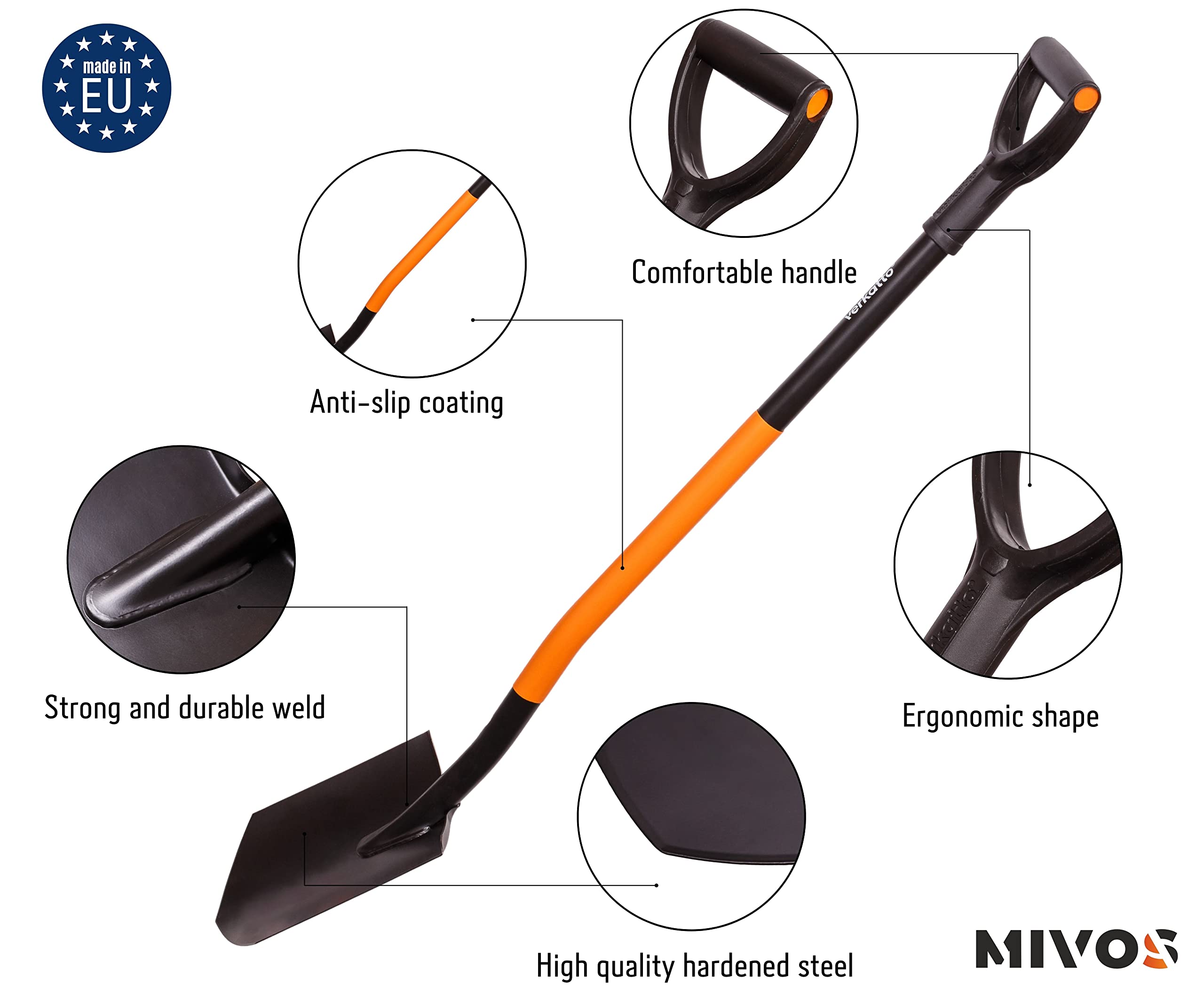 Mivos Ergonomiczna łopata ze stali węglowej – 124 cm – łopata ogrodnicza z hartowanym ostrzem i uchwytem D – do twardych podłóg kamienistych – wyprodukowano w UE