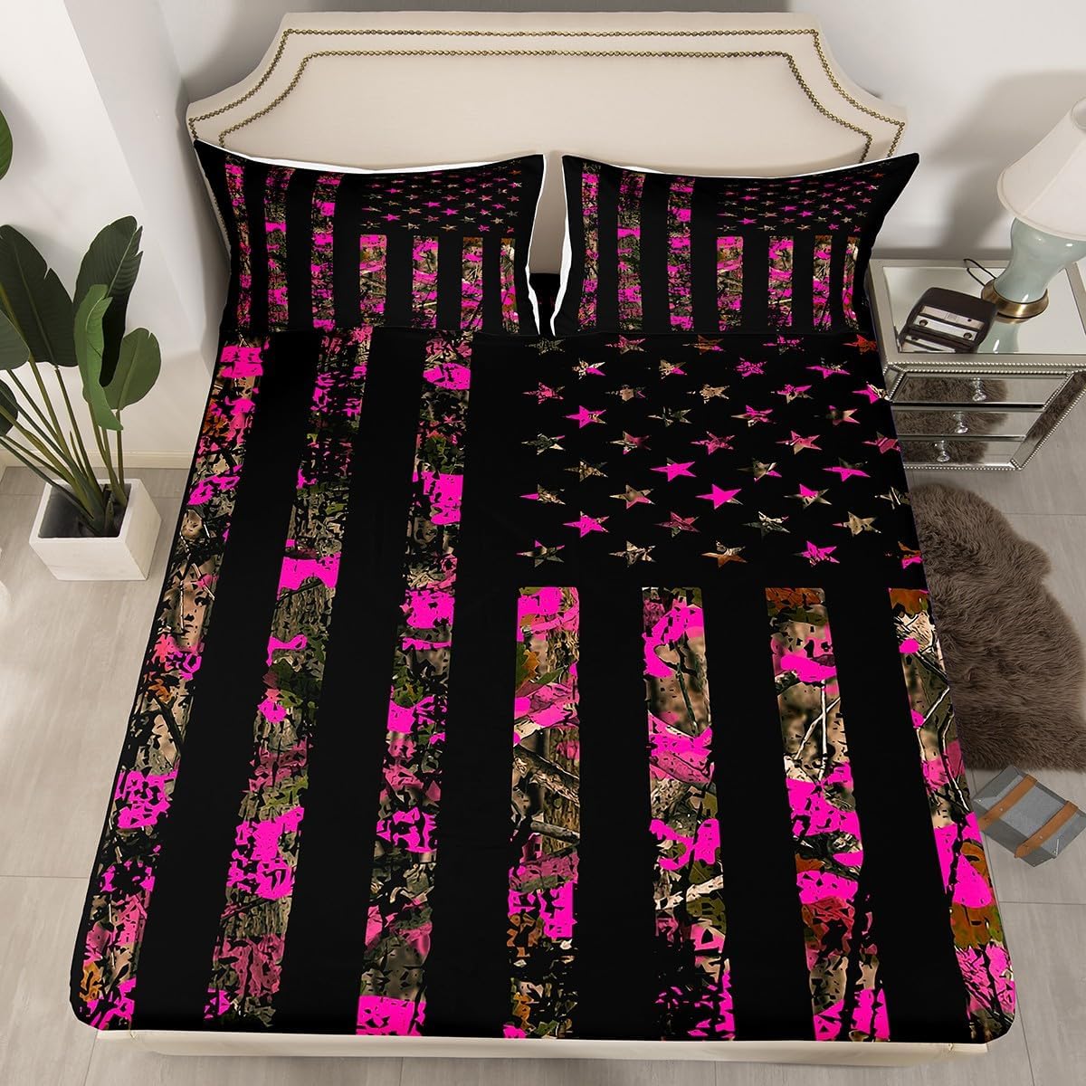 Feelyou Hot Pink Camouflage Bed Sheet Set Boys Girls Twin Size Camo Wild Fitted Sheet for Kids Women Men Wild Hunting Bedding Set Military Style Bed Cover Room Decor