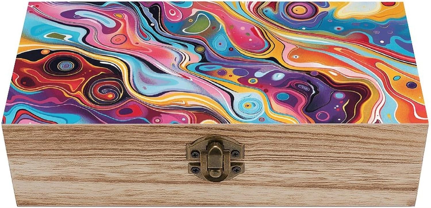 Vintage Wooden Storage Box with Hinged Lid, Twisted Colorful Pattern
