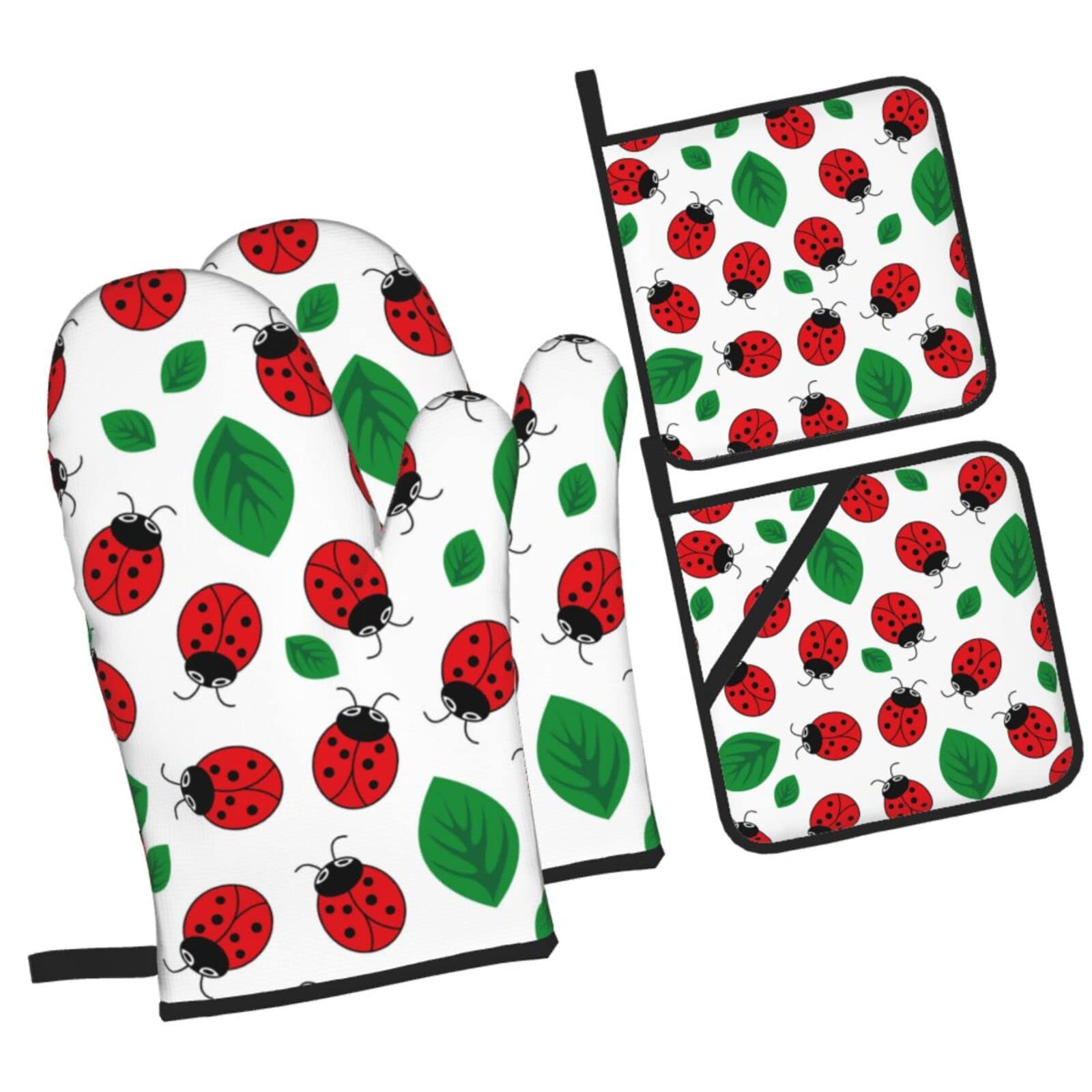 Ladybug Leaves Seamless Oven Mitts and Pot Holders Sets, Christmas Oven Mitt Kitchen Heat Resistant Non-Slip Pot Holders Set for Cooking Baking BBQ