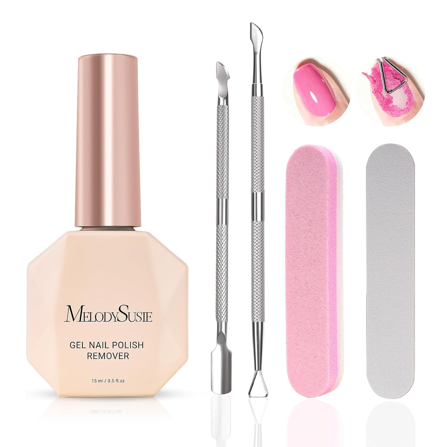 MelodySusie No-Soak Gel Nail Polish Remover Kit 15ml - 5-Min Fast Removal with Tools for Easy At-Home Manicures
