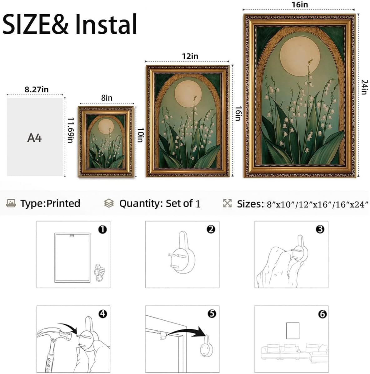 WZGZXU Vintage Gold Framed Wall Art Nouveau Botanical Wall Decor Lily Of The Valley Canvas Art Boho Pictures Floral And Moon Painting Moody Flowers Prints For Living Room Bedroom Bathroom