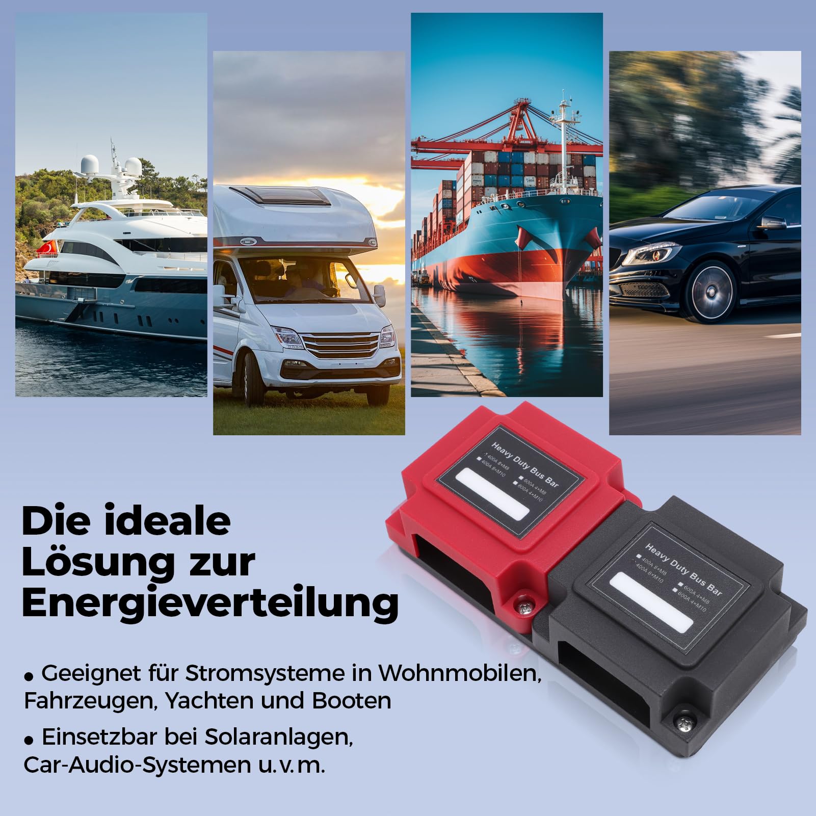 8x M8 Busbar Stromverteiler 12V 24V 48V DC 400A Batterieanschlussblock Hochstrom Verteilerleiste für Auto Wohnmobil Boot LKW Solaranlage Stromversorgung mit Rotem und Schwarzem Deckel