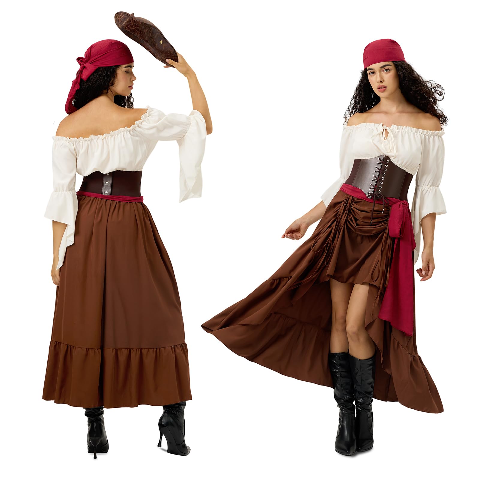 Piratenkostüm Damen, Mittelalter Piraten Kostüm Set, mit Piraten Accessoires Piraten Kopftuch, Taillengürtel, Mittelalter Kleid Damen mit Piraten Korsett, für Karneval Fasching, Halloween, Mottoparty