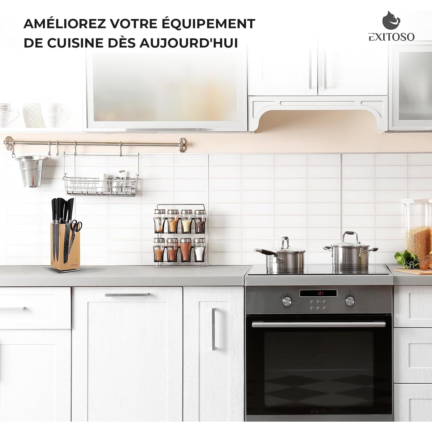 Exitoso NOUVEAU bloc à couteaux en bambou, rotatif à 360 degrés avec aimants à l'extérieur et insert en poils amovibles - espace pour jusqu'à 20 couteaux | rangement sécuritaire des couteaux