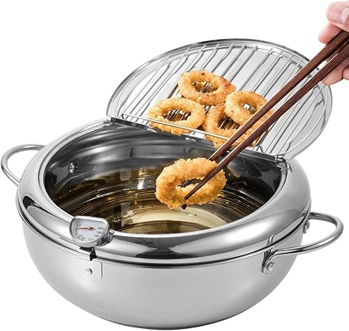 Olla de acero inoxidable de 1.1 galones, olla japonesa de 4.2 L con termómetro, estante de goteo de aceite extraíble, olla de tempura con tapa