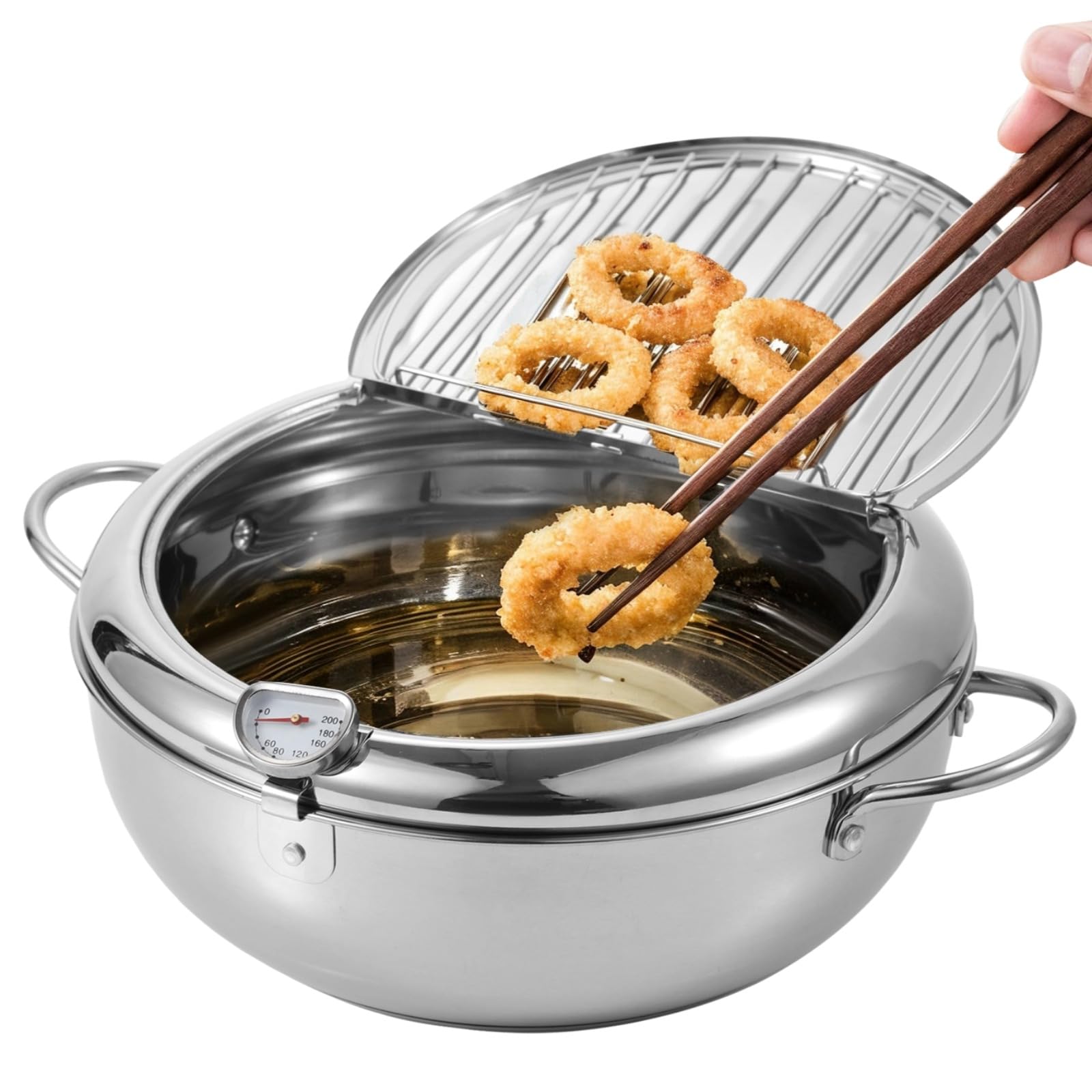 Photo 1 of 1.1 Gal Stainless Steel Frying Pot, 4.2 L Japanese Deep Fryer Pot with Thermometer, Removable Oil Drip Rack, Tempura Frying Pot with Lid