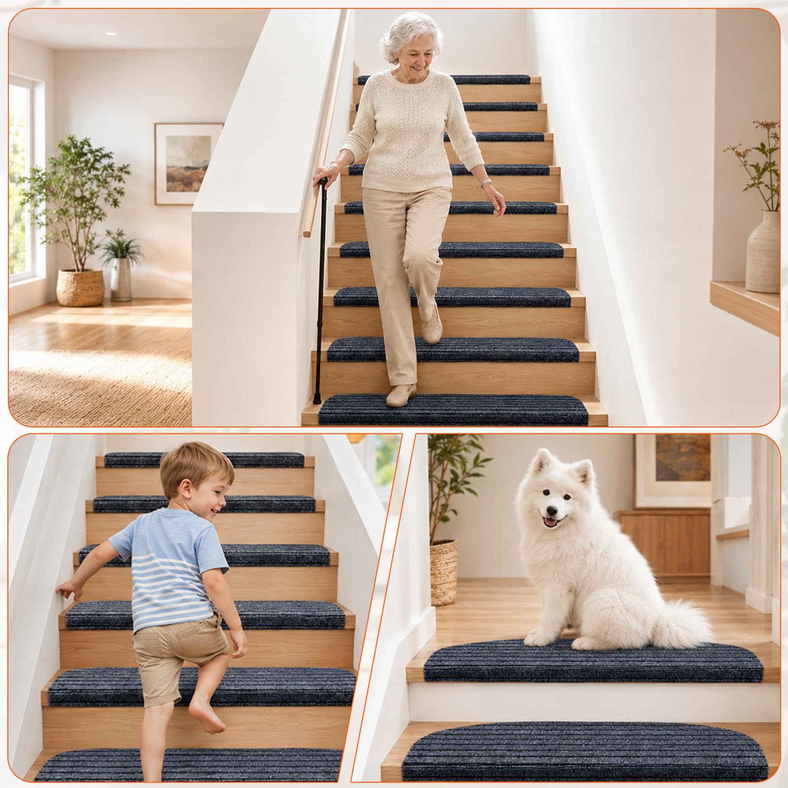 15 Stück Stufenmatten Halbrund 24 x 60 cm, Selbstklebend Antirutsch Treppenmatten, Treppenschoner & Treppenschutz für Holzstufen, Weiche Teppichmatten für Kinder, Senioren und Haustiere