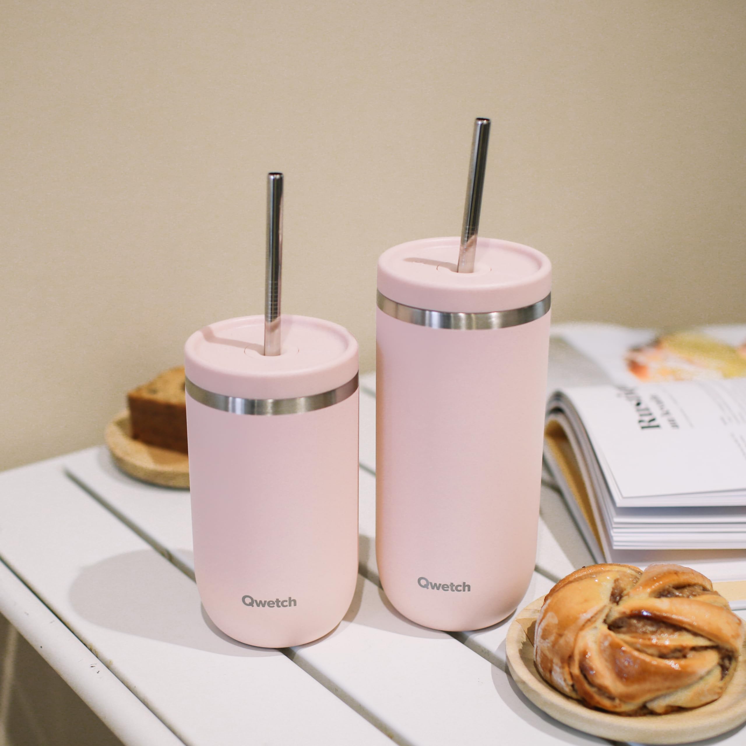 RVS Insulated Cold Cup met RVS Deksel en Rietje 470 ml smalle hals Qwetch