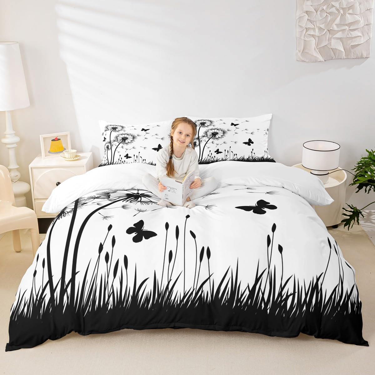 Dandelion Duvet Cover Set Twin Size,Rustic Natural Bedding Set 2pcs for Kids Teens Girls Boys Room Decor, Butterfly Floral Animal Comforter Cover Black and White Quilt Cover with 1 Pillowcase