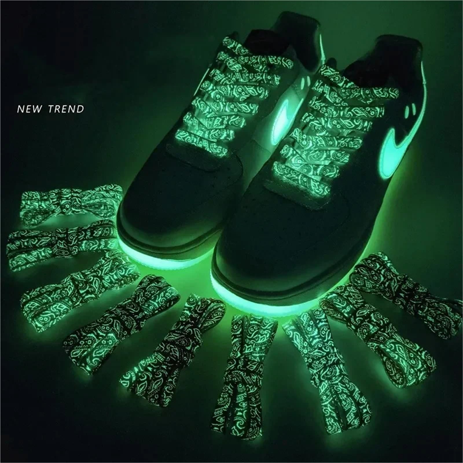 5 pares de cordones planos fluorescentes y luminosos for zapatillas deportivas, con estampado flores anacardo tinta que brillan en la oscuridad Para Sneaker