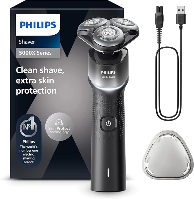Philips Serie X5000 Afeitadora Eléctrica Hombre, Máquina de Afeitar Barba, 27 cuchillas, Cuida la piel, Cabezal flexible 360º, 50min de uso, En Seco y Húmedo, Recargable, X5004/00, Plata