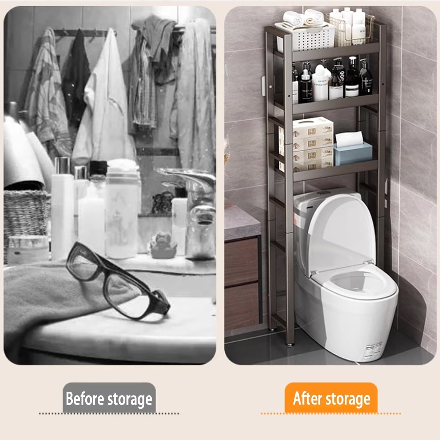 Over The Toilet Storage Cabinet, 3-Tier Over Toilet Bathroom Organizer, Freestanding Bathroom Storage Rack, Above Toilet Shelf with Adjustable Feet, Space Saving(Black)