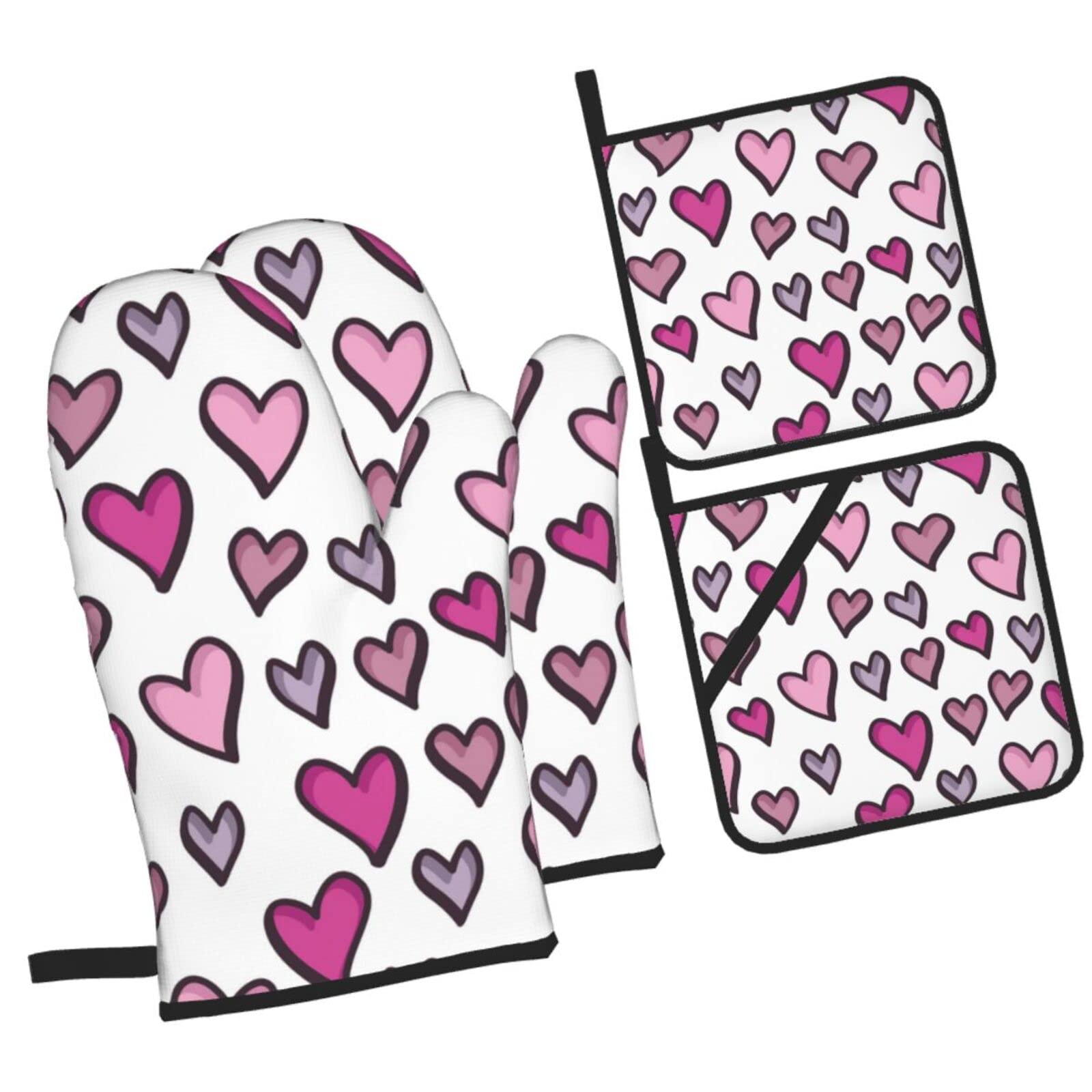 Heart Oven Mitts and Pot Holders Sets, Christmas Oven Mitt Kitchen Heat Resistant Non-Slip Pot Holders Set for Cooking Baking BBQ