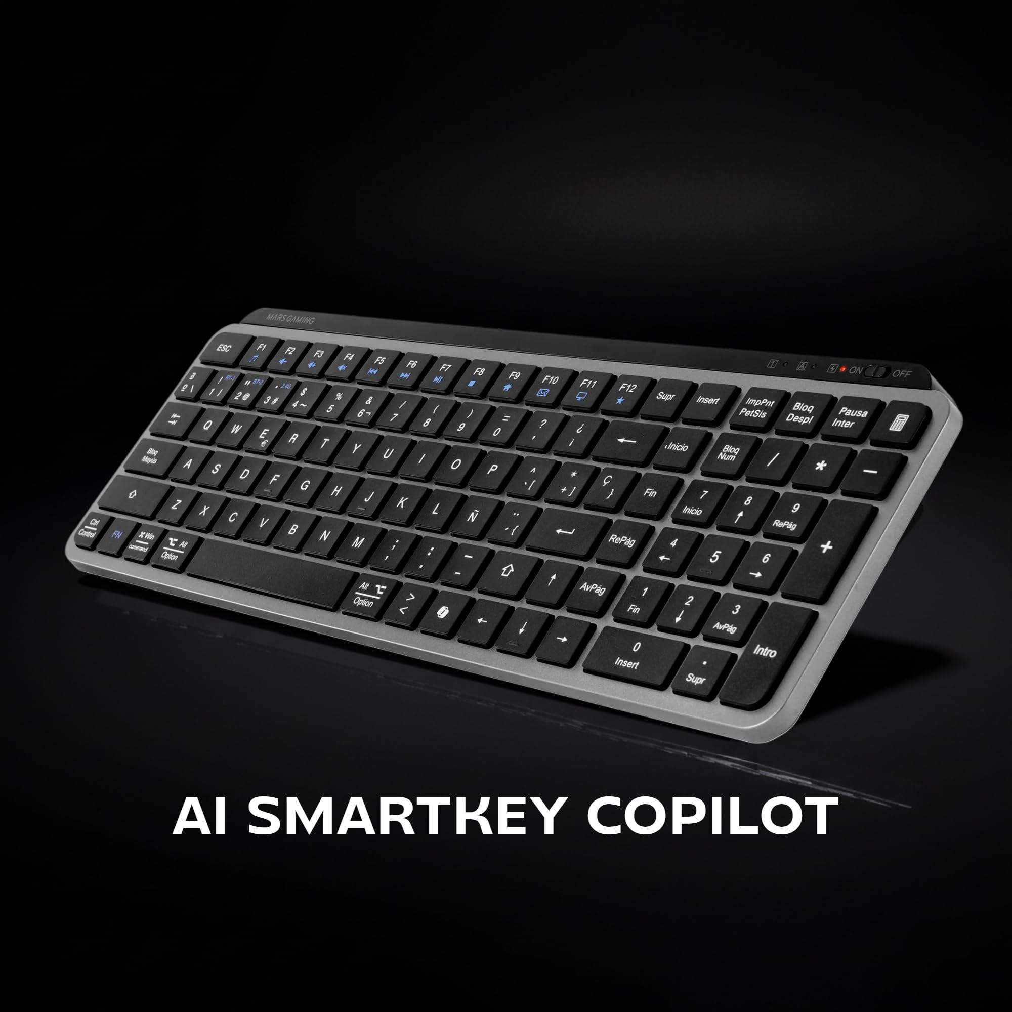 Mars Gaming MK-SILENKEYS, Bezprzewodowa Kompaktowa Klawiatura Pełnowymiarowa, Niski Profil, Ciche Przełączniki Nożycowe, Copilot AI, Bluetooth 5.1 Dual + 2.4GPRO, 200h, PC/Mac, Angielski US, Czarny