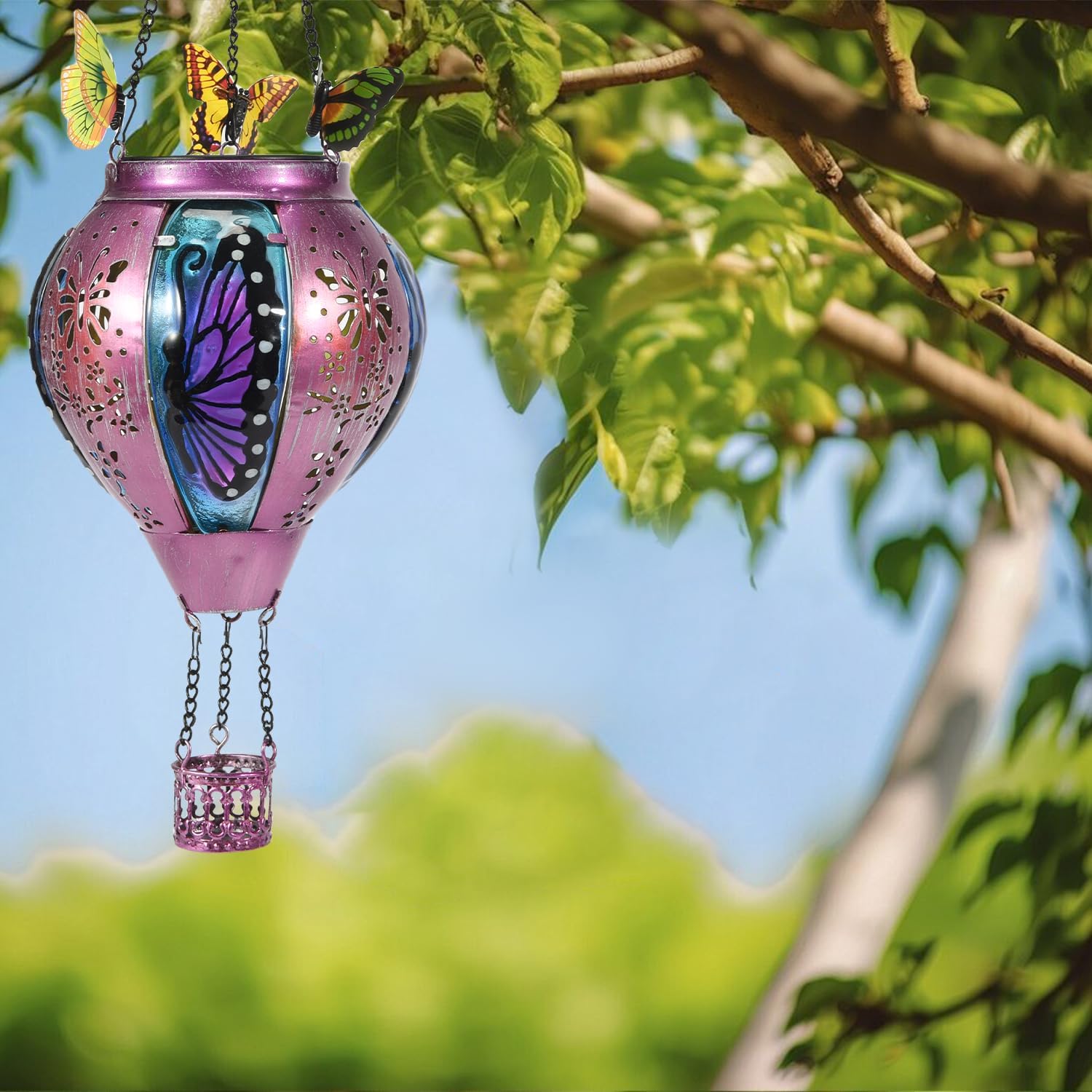 Upgraded Hot Air Balloon Solar Lantern Flickering Flame,Glass Hanging Solar Lights Outdoor Waterproof with Butterfly Decorative,Power Hot Air Balloon Garden Patio Decor for Lawn Porch Tree Yard