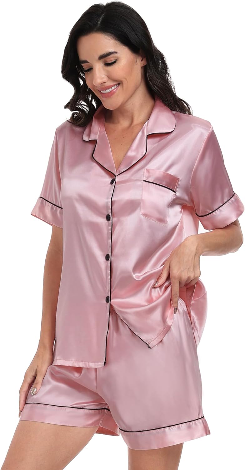 Super Shopping-zone Women's Satin Pajama Set Silk Pjs Button Down Pajamas Short Sleeve Sleepwear Lounge Set - Image 5