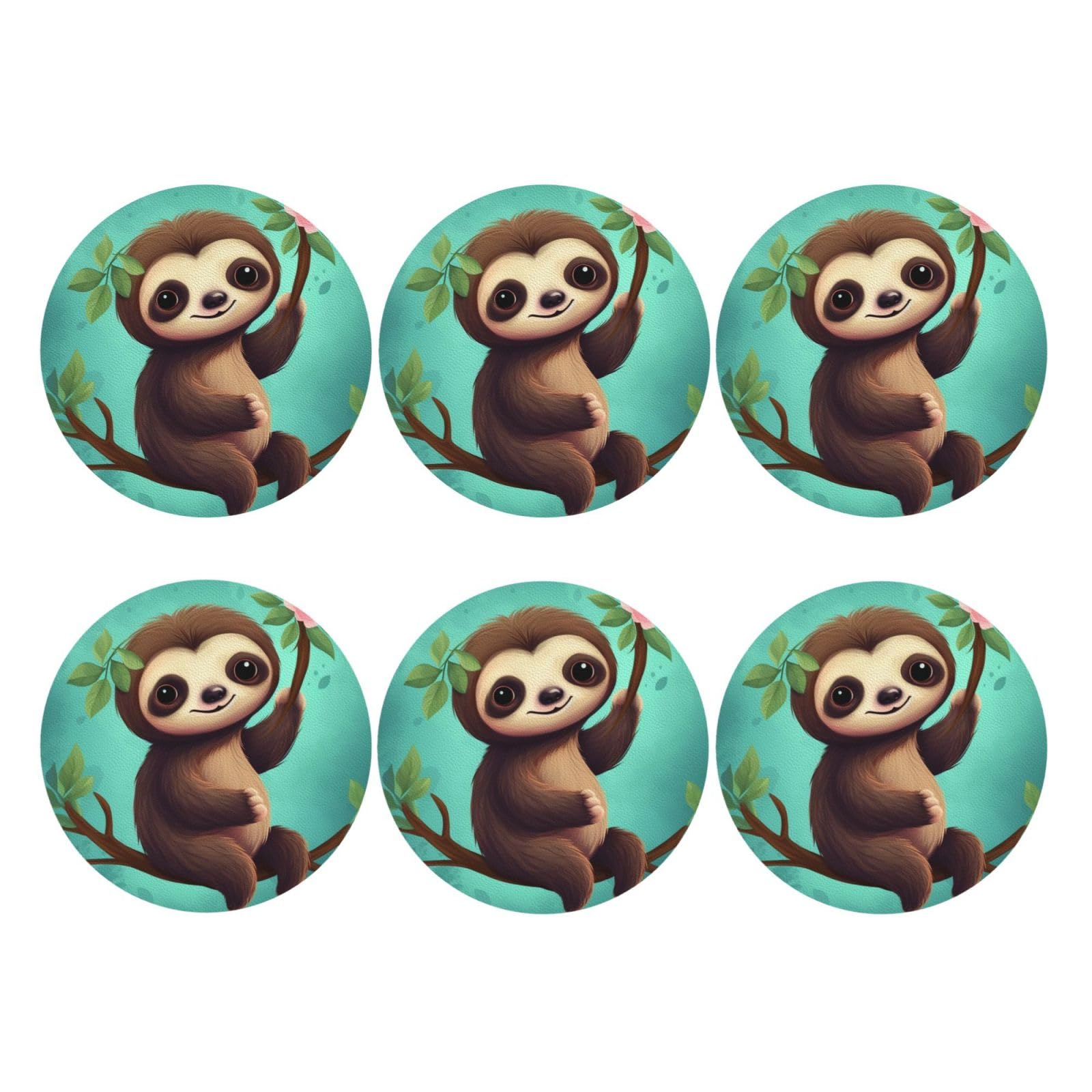 6pcs Leather Coasters for Drinks, Cute Sloth Drink Coasters for Tabletop Protection, 4" Cup Coasters for Coffee Table Decor, Non-Slip Drinking Cup Mat for Hot Or Cold Drink