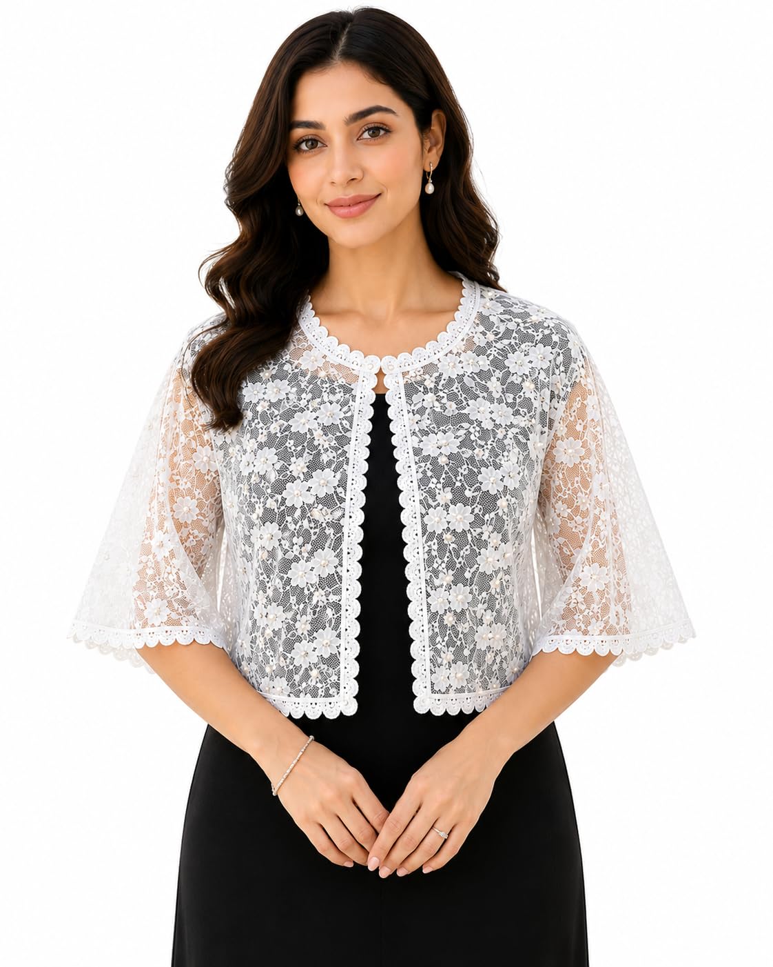 Women's Floral Lace Shrug Cardigan, White, Open Front-image-39