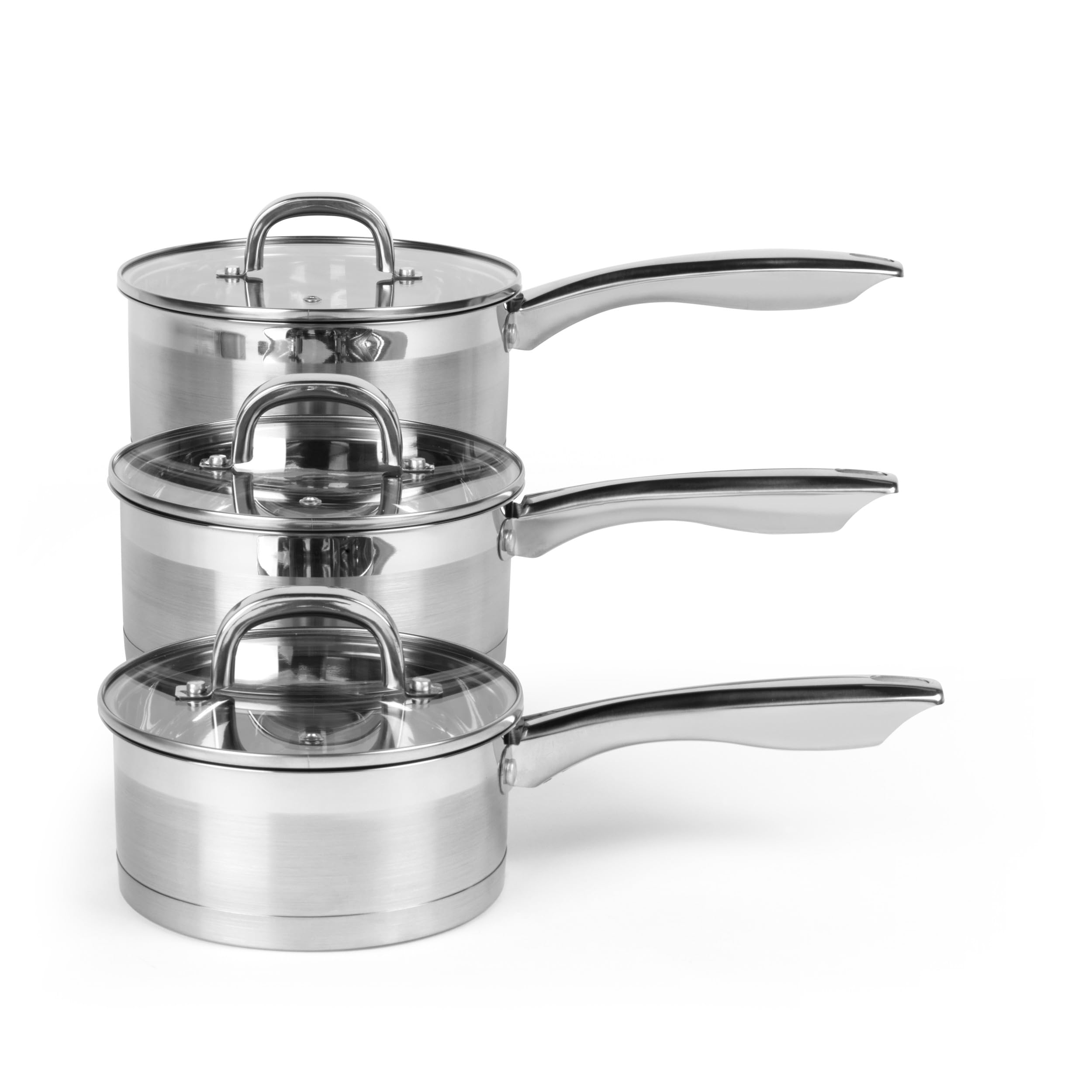 Salter Timeless 3 Piece Saucepan Set - 16cm, 18cm, 20cm Stainless Steel Pans, Includes Tempered Glass Lids with Steam Vents, Induction Hob Cooking Pans, Dishwasher Safe, Scratch Resistant Finish