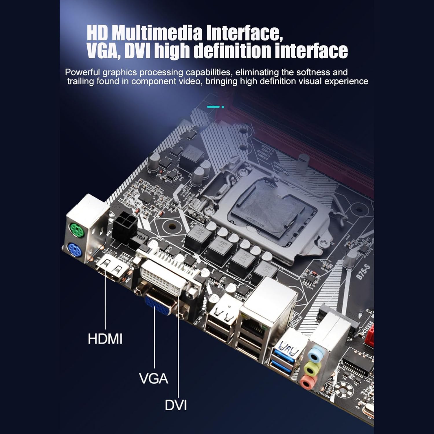Close-up of motherboard's rear I/O panel showing HDMI, VGA, and DVI ports