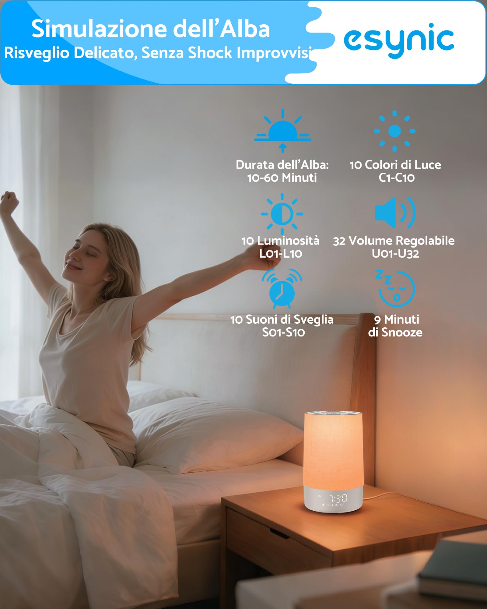 eSynic 2 in 1 Sveglia Luminosa Alba e Macchina Rumore Bianco, Luce Notturna Display Dimmerabile, 30 Suoni Rilassanti, Timer, Snooze, Volume Regolabile, Sunrise Alarm Clock da Comodino con Spina