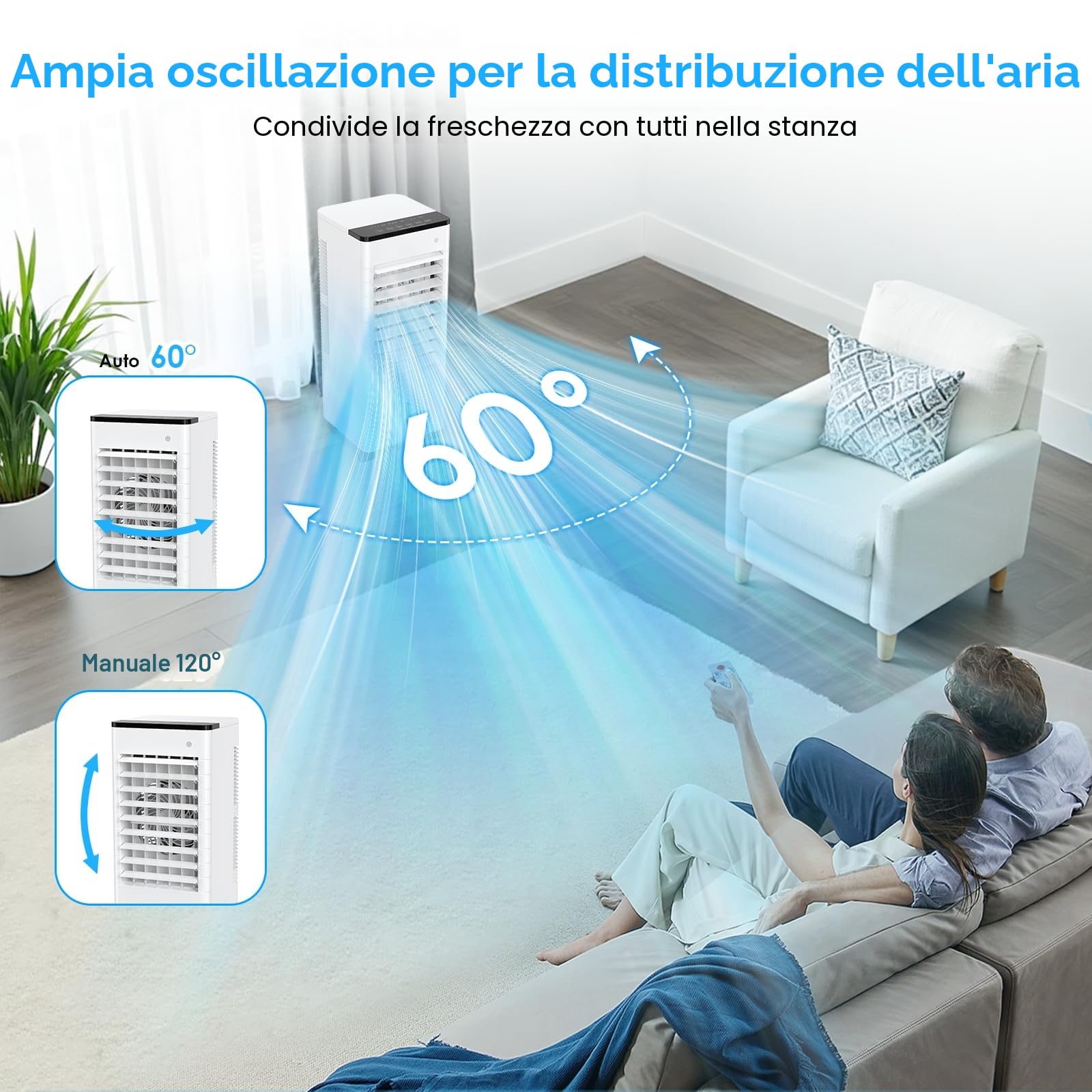 Condizionatore Portatile Senza Tubo, Silenzioso Raffreddatore d'aria Grande Serbatoio da 5.5 L, 4 in 1 Multifunzione Evaporativo Mobile, Timer da 7 ore,3 Velocità,con Telecomando,Senza Unità Esterna
