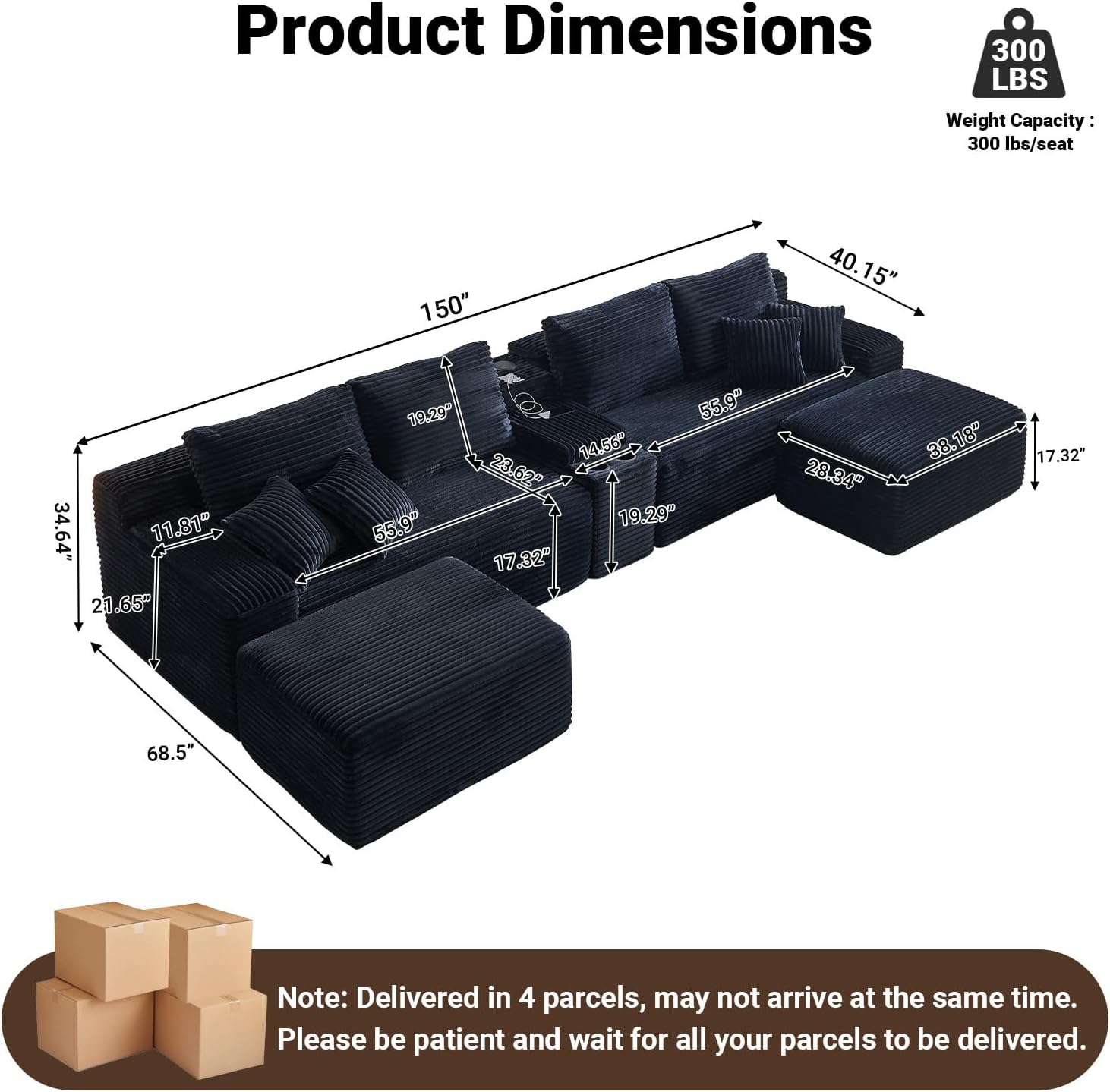 150" U-Shaped Modular Sectional Couch Bluetooth Storage USB 2 Ottomans Cup Holders Black