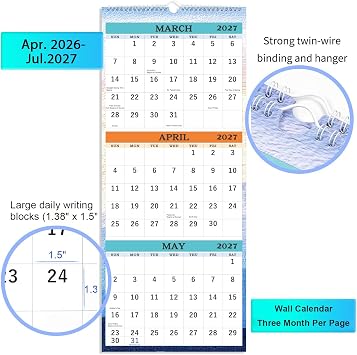 2026-2027 Wall Calendar - April 2026 - July 2027, 3-Month Display Vertical Calendar 2026-2027, Calendar Planner, 11 x 26, Large, Lay- Flat, Perfect for Your Busy Schedule