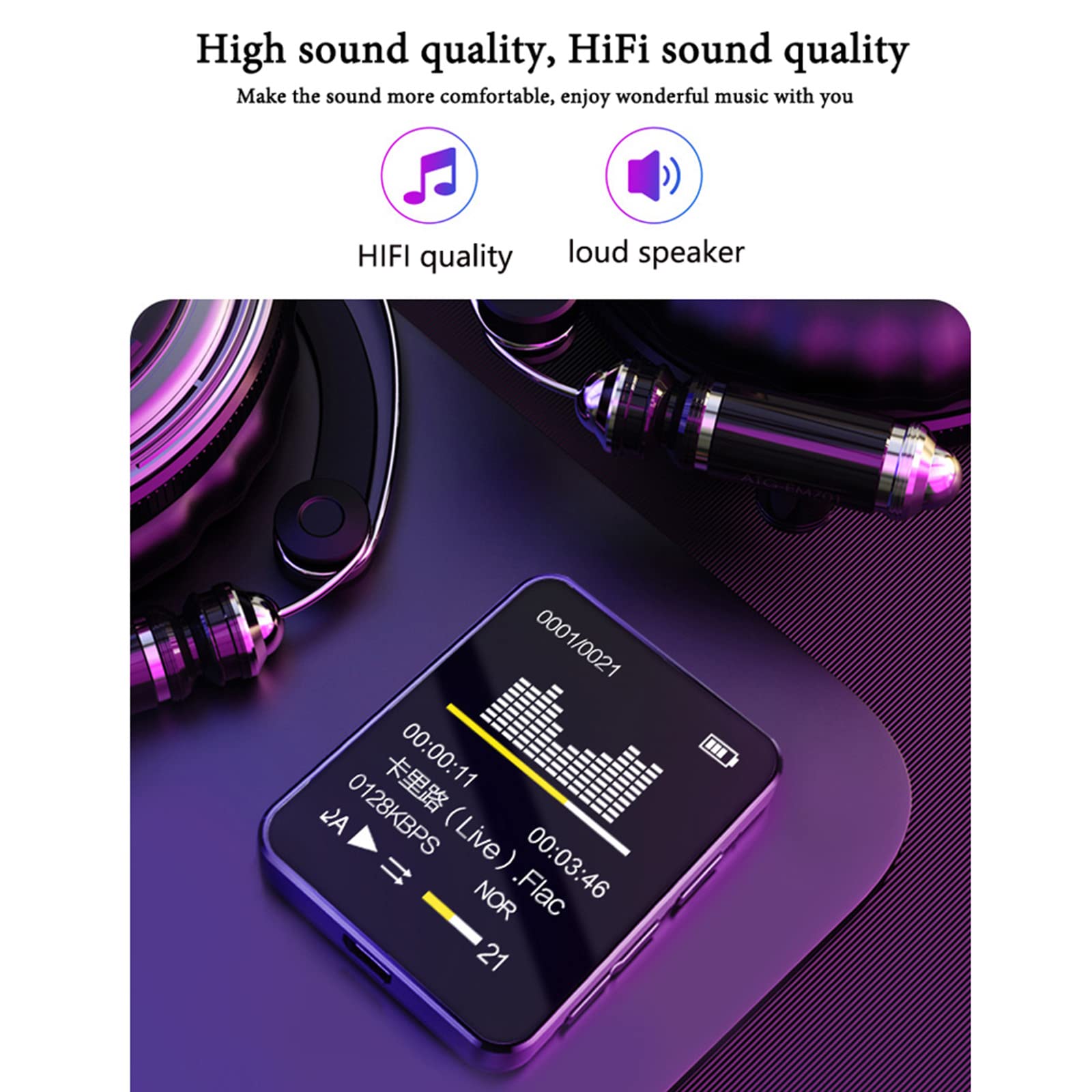 Reproductor MP3, Pantalla táctil 4.0 Bluetooth con Auriculares, Altavoz de Audio de Alta fidelidad Grabaciones,Negro,4GB