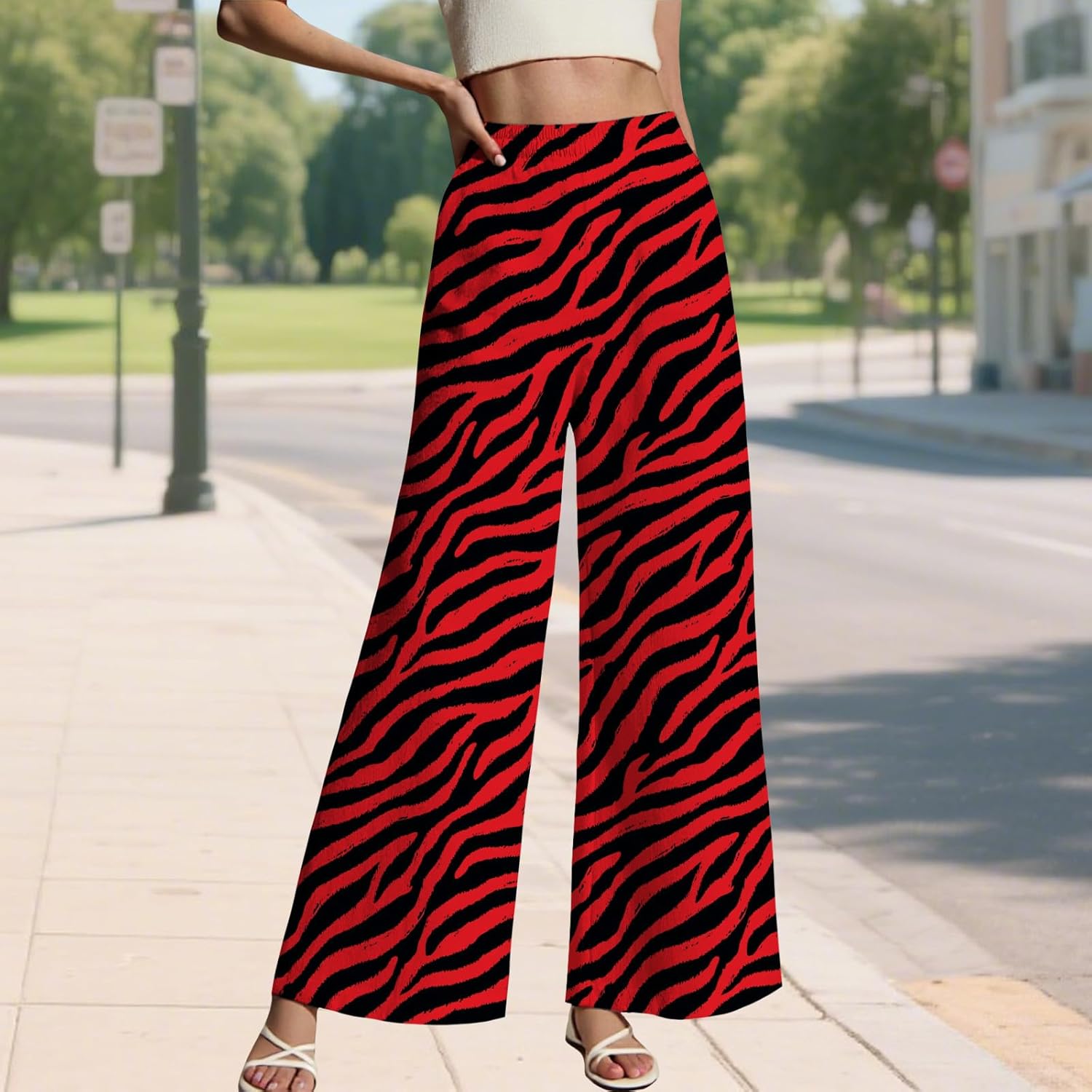 LIZALIG Women's Leopard Print Pants High Waist Wide Leg Trousers with Elastic Waistband Casual Loose Fit Pockets - Image 2