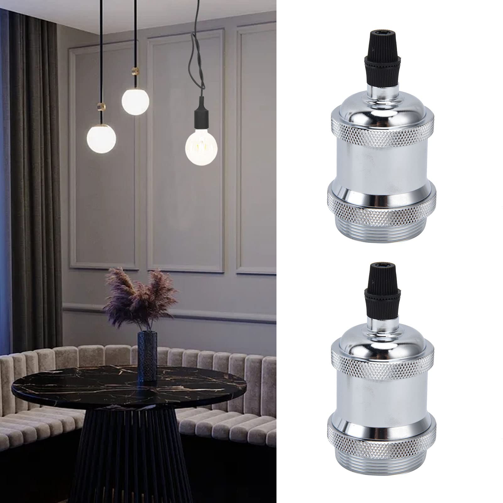 Vintage Lamp Socket Retro Aluminium Lamphouder DIY Accessoires voor E26/27 Vintage Lampen Nachtkastje,2 STKS E26/E27 Socket, Nachtkastje, Kantoor, Woonkamer(Zilver