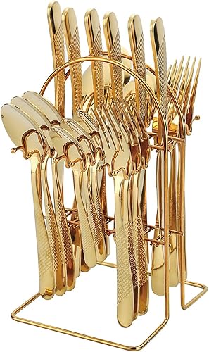 Juego de cubiertos dorados, 24 piezas de cubiertos dorados para 6, juego de cubiertos pulidos con espejo, juego de vajilla para comer en el hogar,