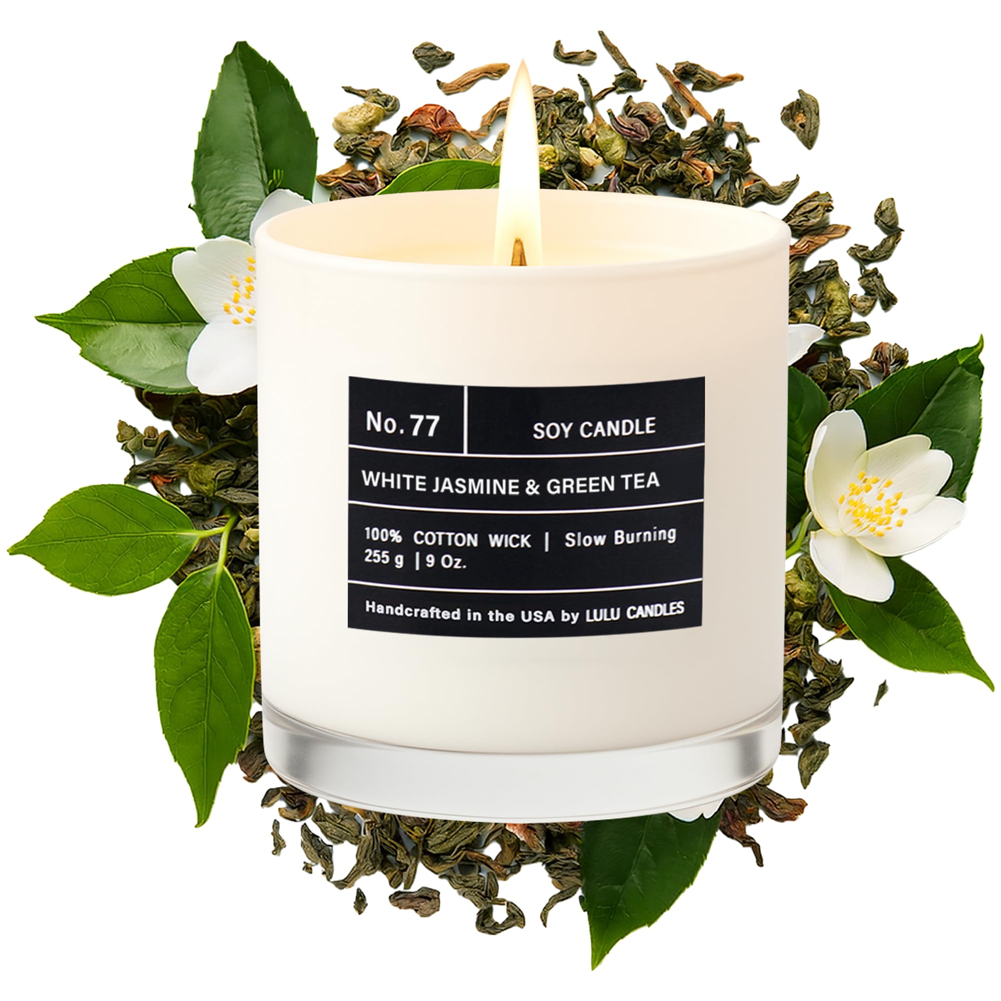 Lulu Candles | Biały jaśmin i zielona herbata | Luksusowa świeca zapachowa w słoiku sojowym | ręcznie nalewana w USA | wysoce pachnąca i długotrwała (255 g)