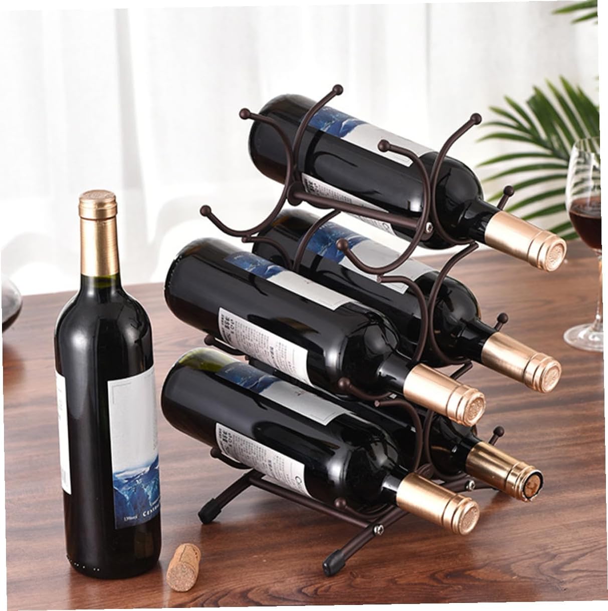 Cabilock Vintage Metal Wine Rack, Detachable 6-Bottle Holder, Antique Copper Finish, Decorative Wine Display Stand for Home Dining Room and Bar Storage