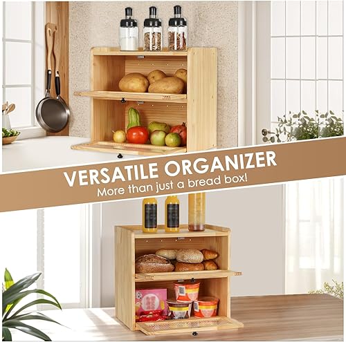 Miniatura 5 de Sunhoo Panera para encimera de cocina, contenedor de almacenamiento de pan de madera, contenedor de almacenamiento de pan de 2 capas, soporte de