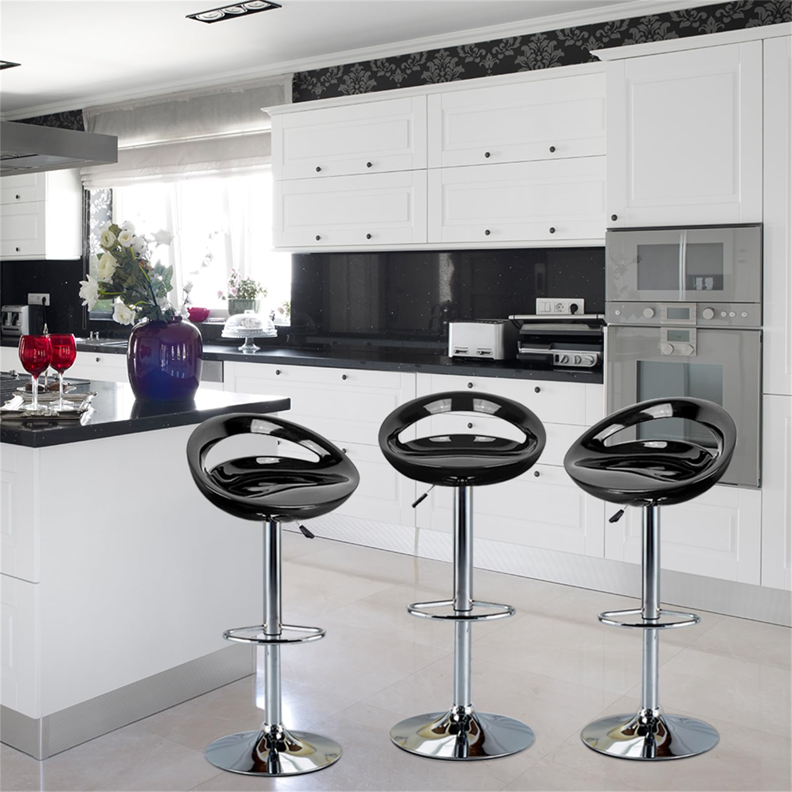 homewell Barhocker 4er Set, Sitz aus ABS-Kunststoff, Drehbare Barhocker Höhenverstellbar 55 bis 75 cm, Metall Basis aus Edelstahl mit Fußstütze (4, Black)