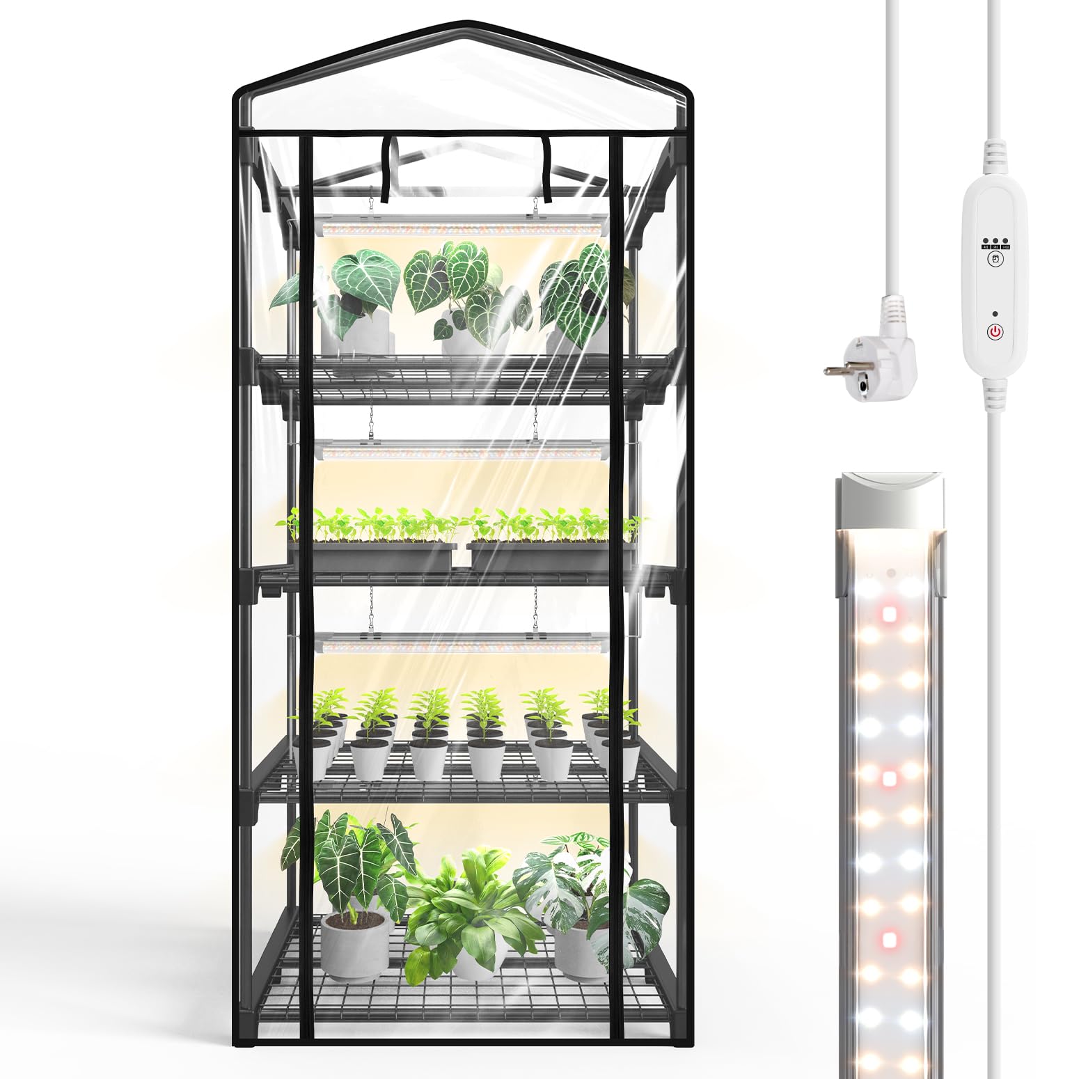Bstrip Indoor-Gewächshaus, 4-stöckiges Foliengewächshaus mit Pflanzenlampe LED Vollspektrum, 159 cm Gewächshaus Klein zur Überwinterung von Pflanzen, ideal für Anbau, Keimlinge und Microgreens