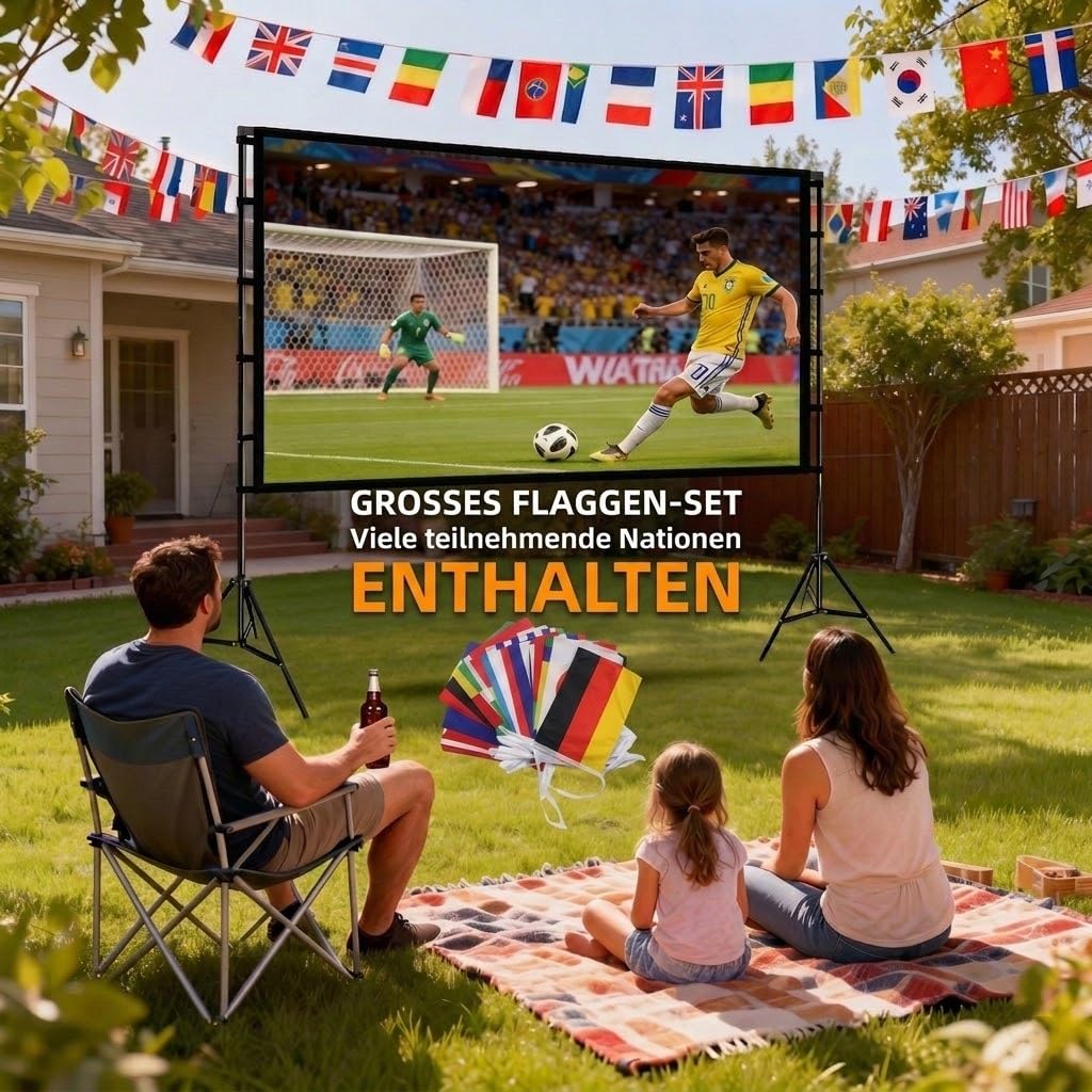 Leinwand Beamer mit Ständer 120 Zoll, Doppelstützen für mehr Stabilität, Schnell & Einfach Aufgebaut, Tragbar, Knitterarm, Beamer Leinwand für Outdoor und Garten, Growzelt