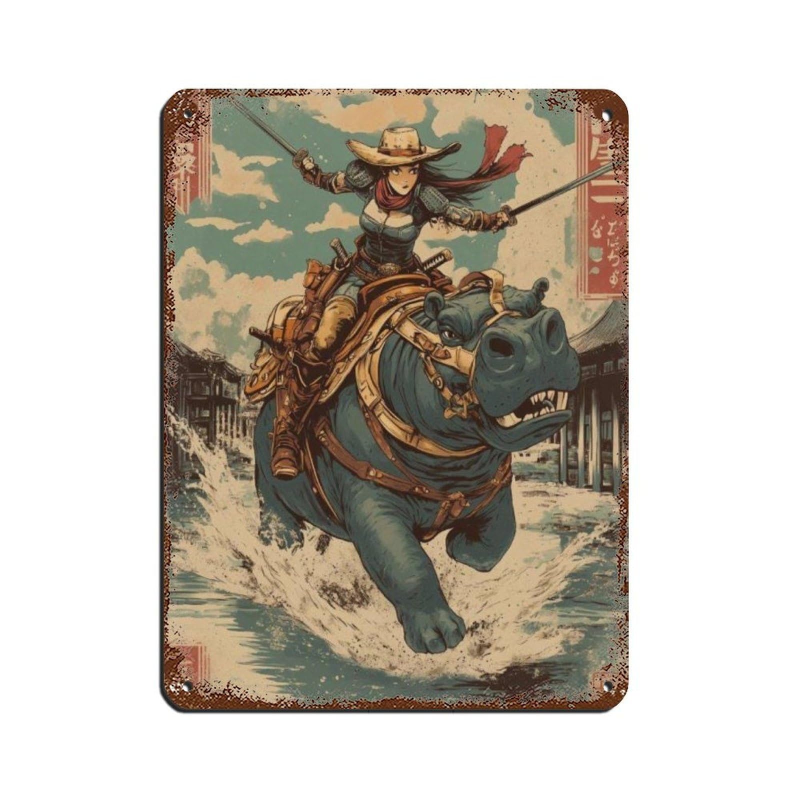 Lxwnze 30L X 40W Cm Samurai Woman Riding Hippo,Art Poster Tin Sign Vintage Metal Pub Club Cafe Bar Home Wall Art Decoration Poster Retro 12X16inch(30X40cm)