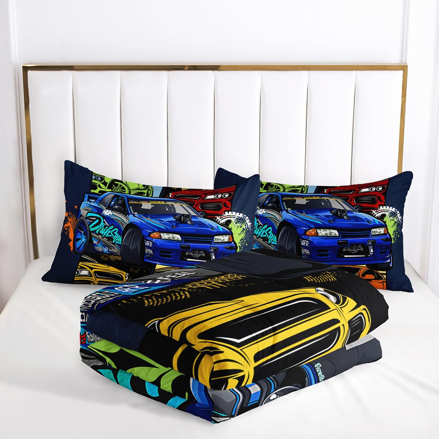 AILONEN Colorful Racing Car Comforter Set Full Size, Extreme Sports Theme Bedding for Kids Boys, Modern Race Bed in a Bag, Cool Sports Duvet Set, 1 Quilt 2 Pillowcases, 3 Pcs