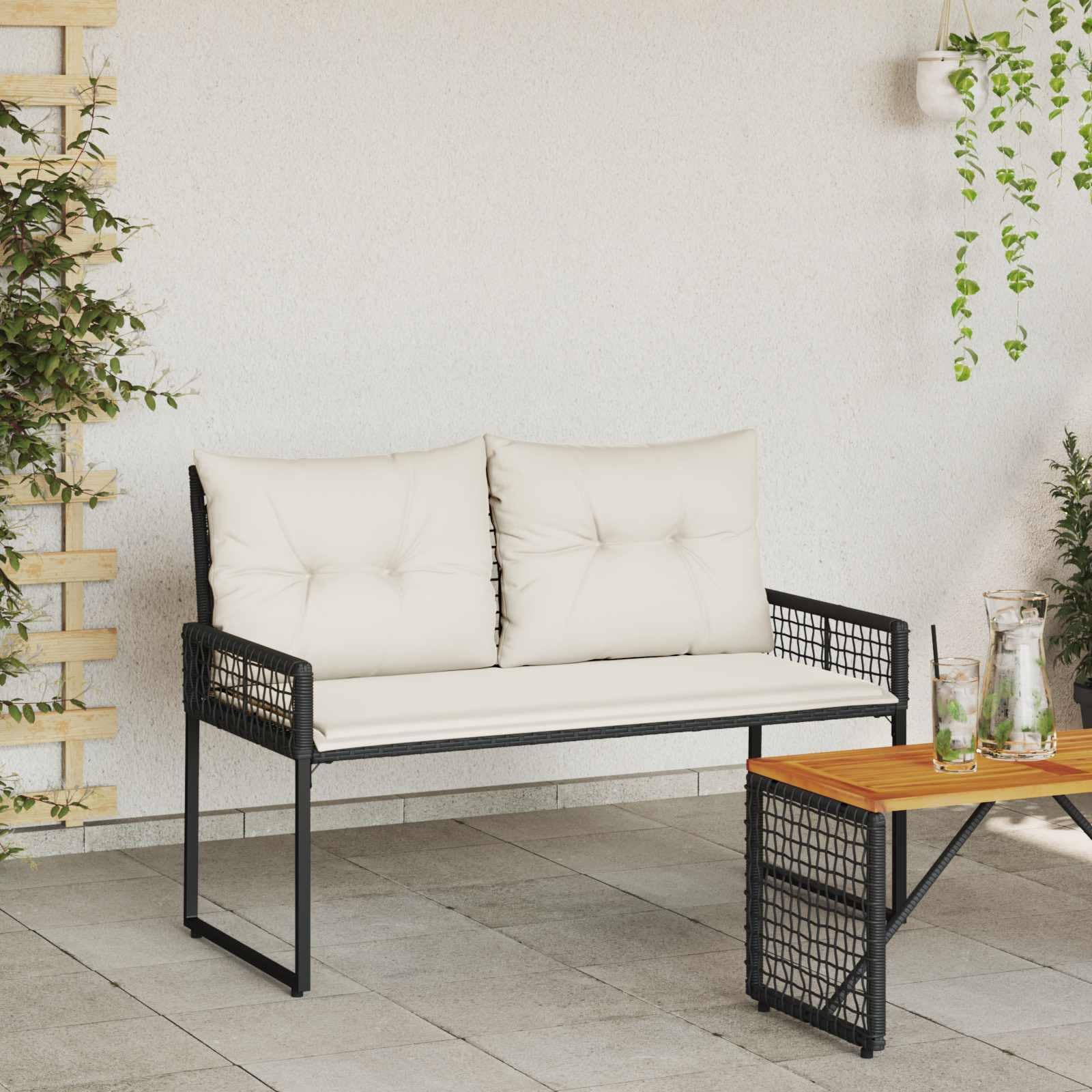 Ławka ogrodowa z poduszką, czarna i kremowo-biała, 118 x 55 x 82 cm – rattanowa ławka do siedzenia na taras i do ogrodu