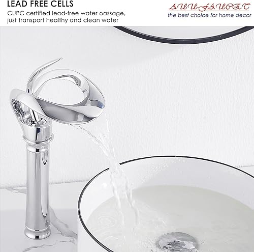 Miniatura 7 de Elegante grifo de fregadero de recipiente cromado, moderno grifo de baño de una sola manija, grifo de lavabo alto de un solo orificio con línea de