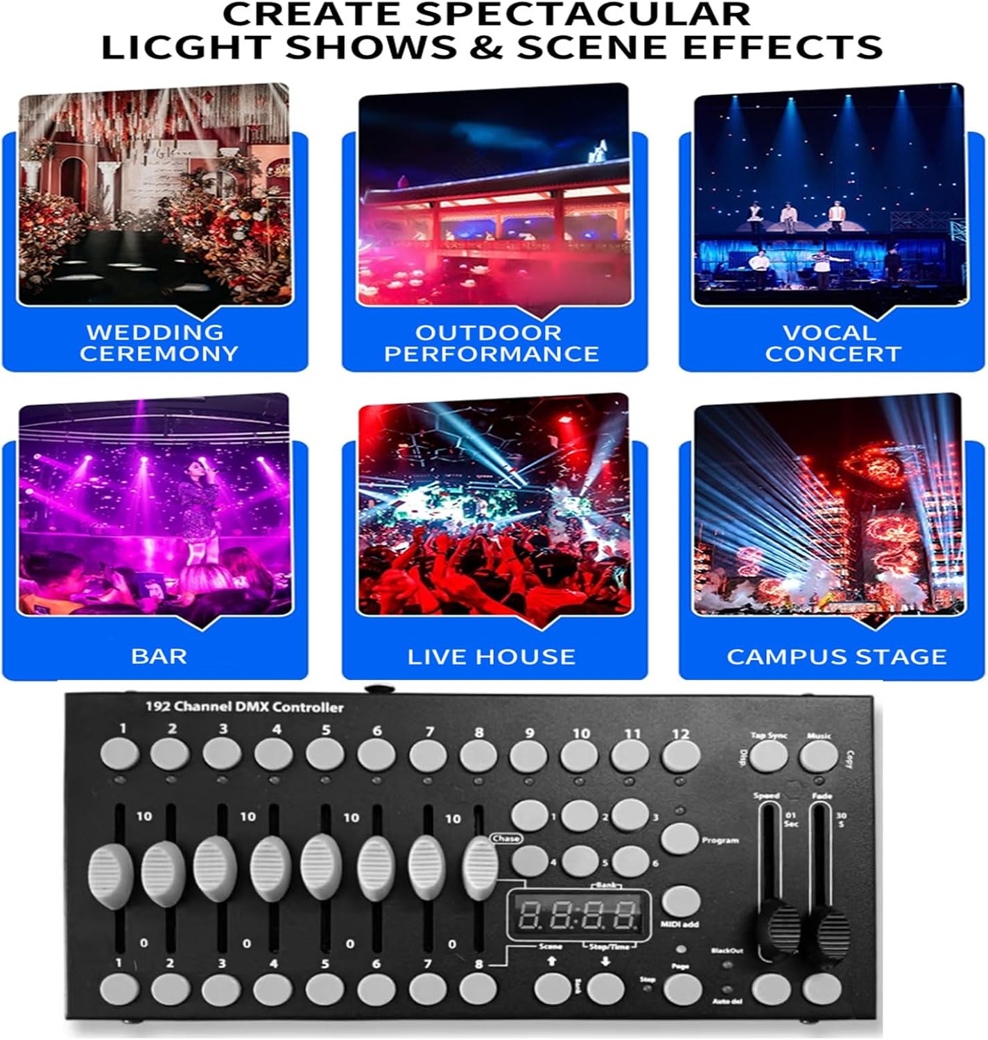 DMX192 Controller with DMX cables connected to lighting fixtures
